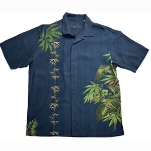 Tommy Bahama Mens Medium Silk Camp Shirt Navy Blue Tropical Bamboo Hibiscus